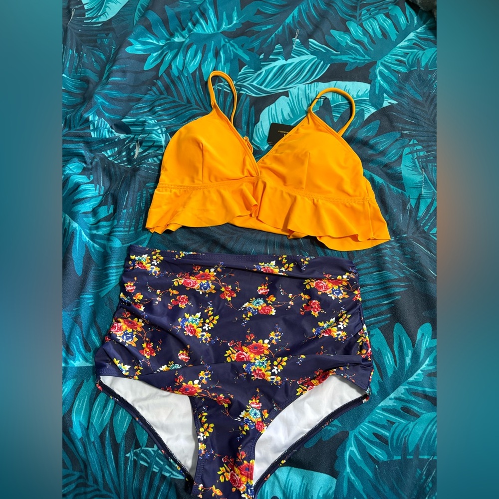 Yellow Bikini Top and Floral High-Waisted Bottoms